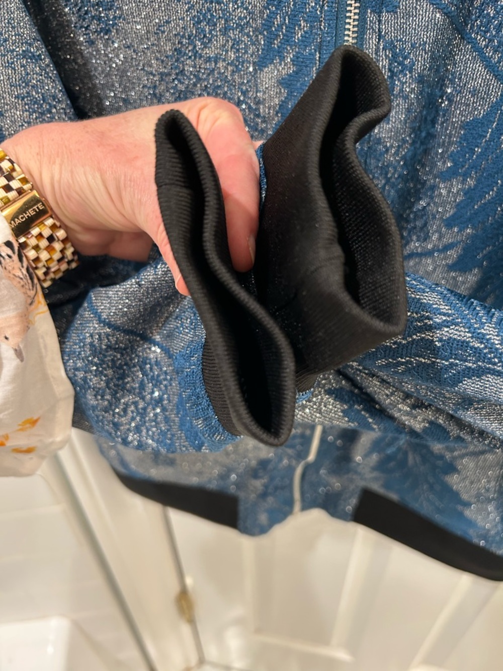 BARABAS Metallic Blue & Silver Floral Jacquard Bomber Zip Up Jacket - Size Small - Picture 6 of 12